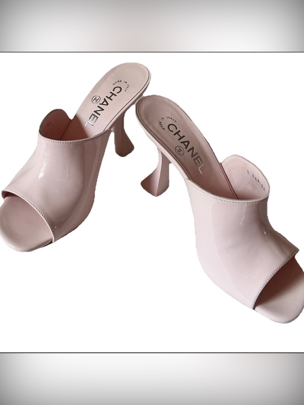 🦄CHANEL 26C Light Pink Calfskin
Patent Leather Open Toe Mule Heels NIB FULL SET - Picture 10 of 12